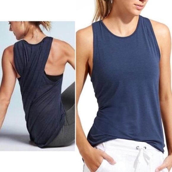Athleta Tank Top Essence Cross Back Stripe Heather Sleeveless Stretch Navy Blue - Picture 2 of 11